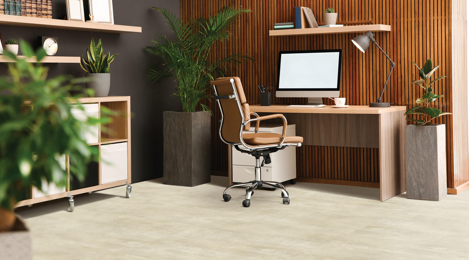 Comfortable,Workplace,With,Computer,Near,Wooden,Wall,In,Stylish,Room