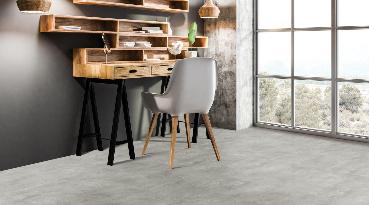 Corner,Of,Home,Office,With,Gray,And,Concrete,Walls,,Wooden